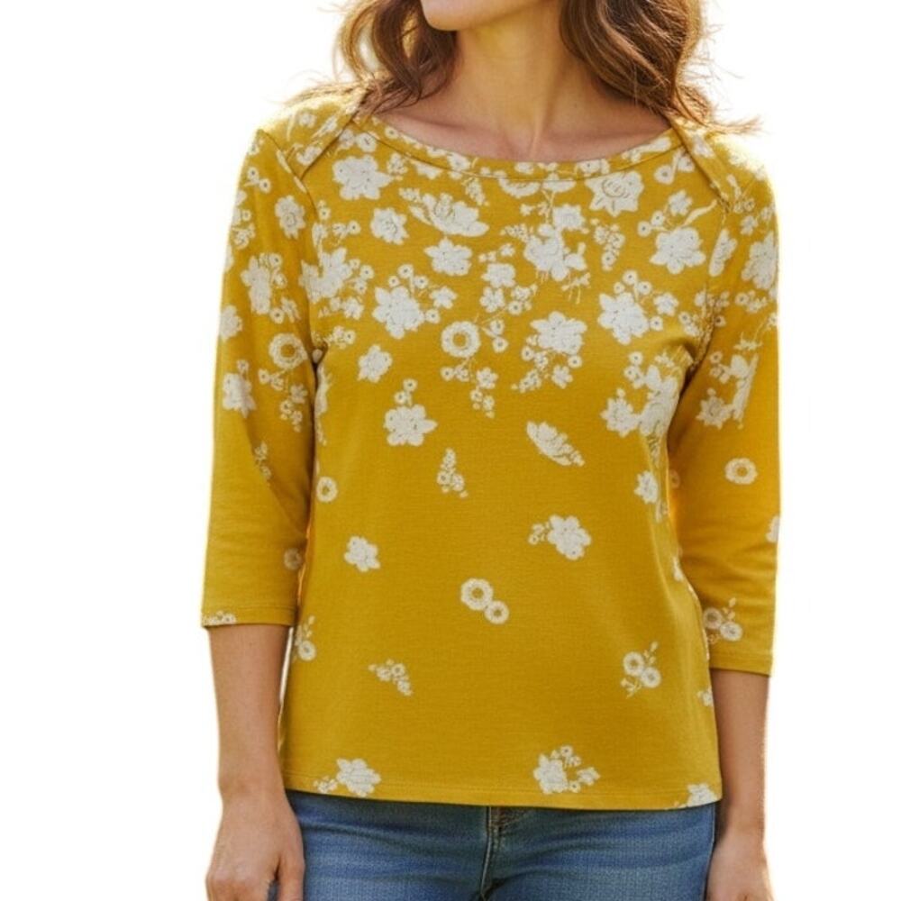 Style & Co Floral 3/4 Sleeve Tee Womens Medium Yellow White Supima Cotton Top